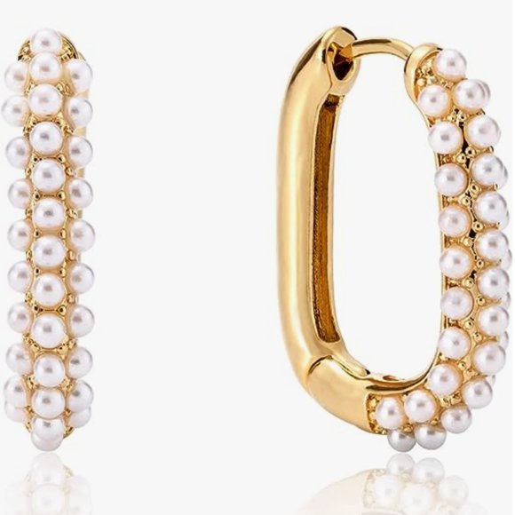 Gold and Pearl Rectangle Hoops Rectangular Pretty Hoop Earrings Pave Pearls New - Picture 4 of 8